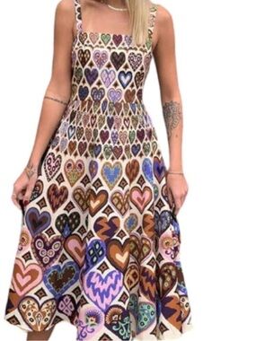 FARM Rio Multicolor Heart-Print Sleeveless Midi Dress